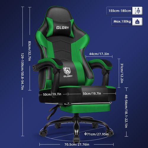Chaise Gaming Ergonomique Vert et Noir, Inclinable 90 à 165°, Avec Repose-pieds，150KG