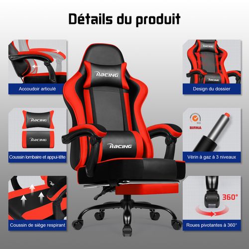 Chaise Gaming Ergonomique Rouge, Avec Repose-pieds,Inclinable 90 à 165°, Supporte Jusqu’à 150 kg,