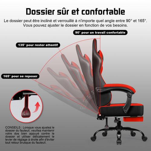 Chaise Gaming Ergonomique Rouge, Avec Repose-pieds,Inclinable 90 à 165°, Supporte Jusqu’à 150 kg,