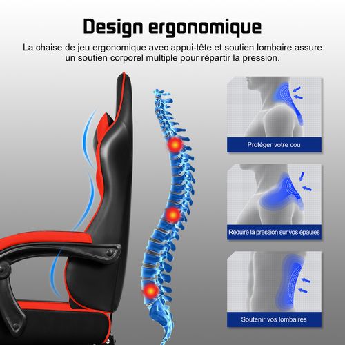 Chaise Gaming Ergonomique Rouge, Avec Repose-pieds,Inclinable 90 à 165°, Supporte Jusqu’à 150 kg,