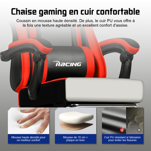 Chaise Gaming Ergonomique Rouge, Avec Repose-pieds,Inclinable 90 à 165°, Supporte Jusqu’à 150 kg,