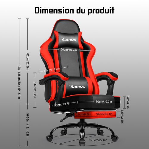 Chaise Gaming Ergonomique Rouge, Avec Repose-pieds,Inclinable 90 à 165°, Supporte Jusqu’à 150 kg,