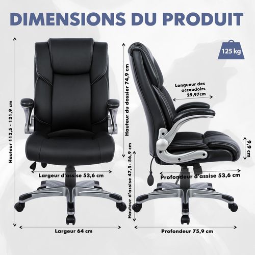 Chaise De Bureau Ergonomique En Simili, Accoudoirs Et Hauteur Réglables-noir