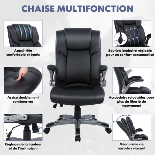 Chaise De Bureau Ergonomique En Simili, Accoudoirs Et Hauteur Réglables-noir