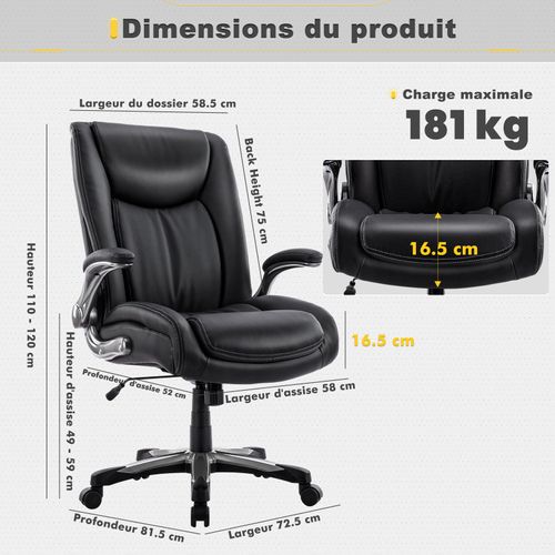 Chaise De Bureau Ergonomique Et Robuste, Charge Maximale 181 Kg, Noir