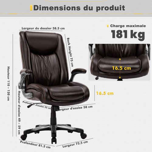 Chaise De Bureau Ergonomique Et Robuste, Charge Maximale 181 Kg, Marron
