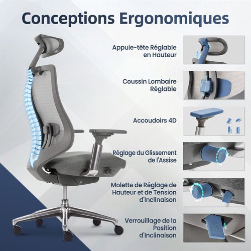 Chaise De Bureau Avec Accoudoirs 4d Et Siège Réglable Avant-arrière, Confort Optimal, Gris