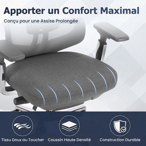 Chaise De Bureau Avec Accoudoirs 4d Et Siège Réglable Avant-arrière, Confort Optimal, Gris