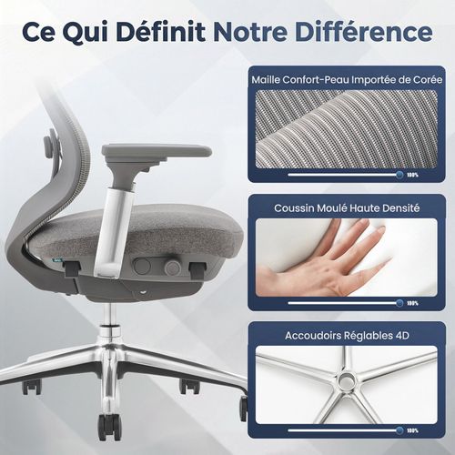 Chaise De Bureau Avec Accoudoirs 4d Et Siège Réglable Avant-arrière, Confort Optimal, Gris