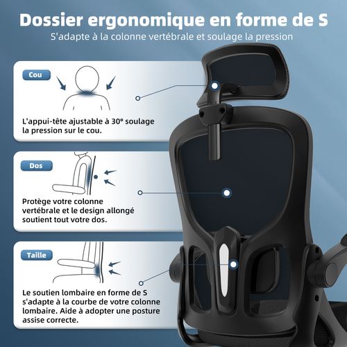 Fauteuil De Bureau Ergonomique, Chaise De Bureau, Lombaire Réglable, Appui-tête Et Accoudoirs, Noir