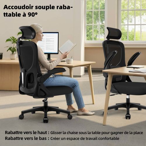 Fauteuil De Bureau Ergonomique, Chaise De Bureau, Lombaire Réglable, Appui-tête Et Accoudoirs, Noir