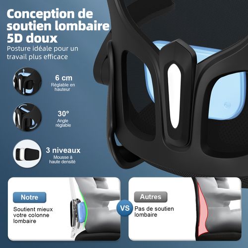 Fauteuil De Bureau Ergonomique, Chaise De Bureau, Lombaire Réglable, Appui-tête Et Accoudoirs, Noir