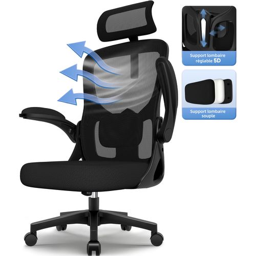 Fauteuil De Bureau Ergonomique, Chaise De Bureau, Lombaire Réglable, Appui-tête Et Accoudoirs, Noir