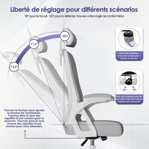 Chaise Bureau Gris, Accoudoirs Rabattables, Support Lombaire Mousse, Hauteur Réglable, 150 kg