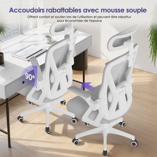 Chaise Bureau Gris, Accoudoirs Rabattables, Support Lombaire Mousse, Hauteur Réglable, 150 kg