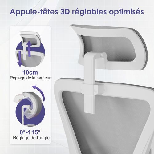 Chaise Bureau Gris, Accoudoirs Rabattables, Support Lombaire Mousse, Hauteur Réglable, 150 kg