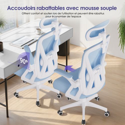 Chaise Bureau Bleu, Accoudoirs Rabattables, Support Lombaire Mousse, Hauteur Réglable, 150 kg