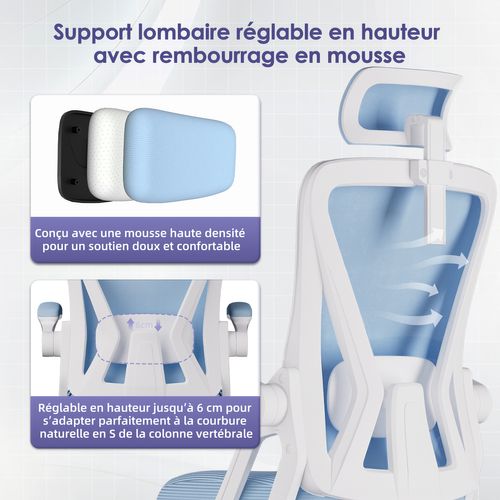 Chaise Bureau Bleu, Accoudoirs Rabattables, Support Lombaire Mousse, Hauteur Réglable, 150 kg
