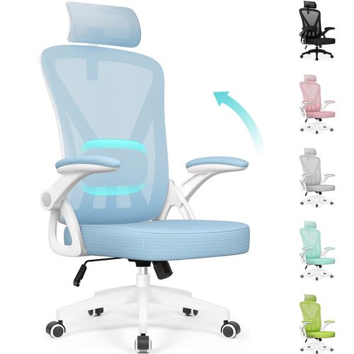 Chaise Bureau Bleu, Accoudoirs Rabattables, Support Lombaire Mousse, Hauteur Réglable, 150 kg