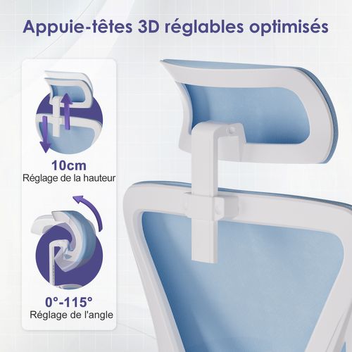 Chaise Bureau Bleu, Accoudoirs Rabattables, Support Lombaire Mousse, Hauteur Réglable, 150 kg