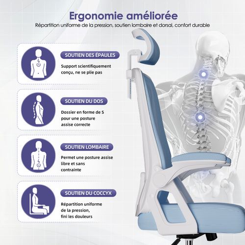 Chaise Bureau Bleu, Accoudoirs Rabattables, Support Lombaire Mousse, Hauteur Réglable, 150 kg