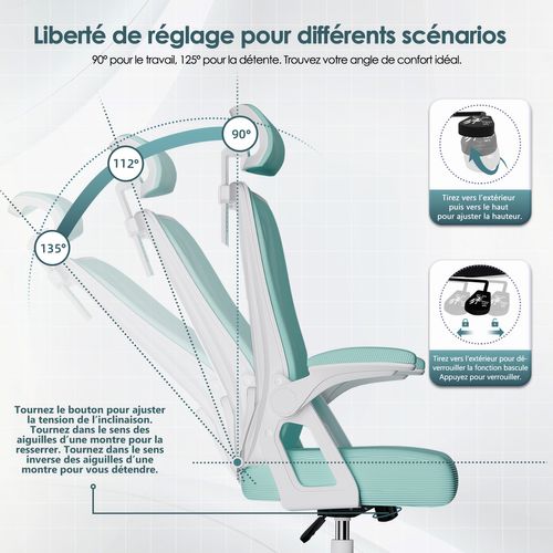 Chaise Bureau Turquoise, Accoudoirs Rabattables, Support Lombaire Mousse, Hauteur Réglable, 150 kg