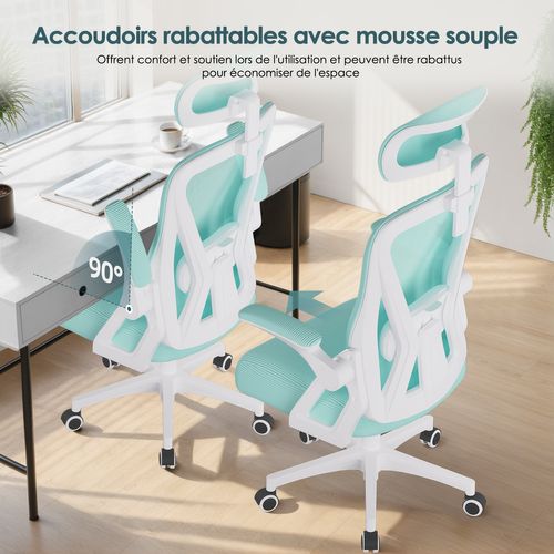 Chaise Bureau Turquoise, Accoudoirs Rabattables, Support Lombaire Mousse, Hauteur Réglable, 150 kg
