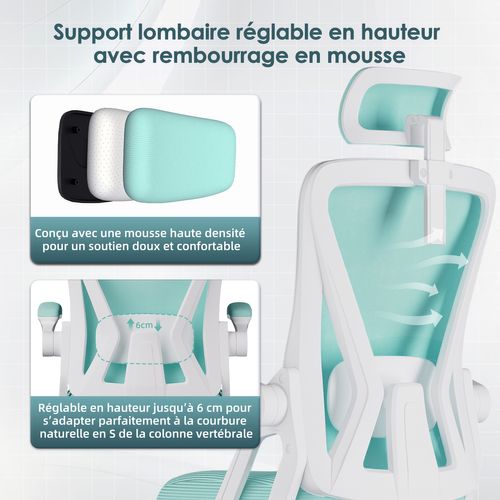 Chaise Bureau Turquoise, Accoudoirs Rabattables, Support Lombaire Mousse, Hauteur Réglable, 150 kg