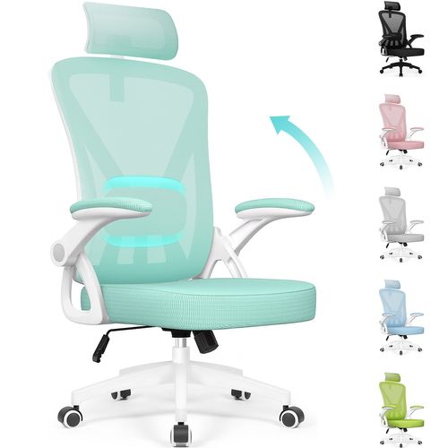 Chaise Bureau Turquoise, Accoudoirs Rabattables, Support Lombaire Mousse, Hauteur Réglable, 150 kg