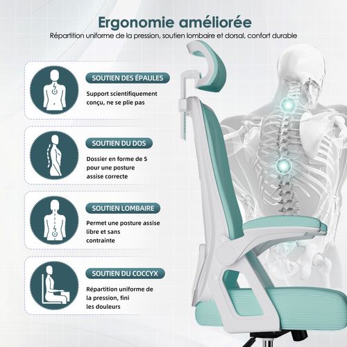 Chaise Bureau Turquoise, Accoudoirs Rabattables, Support Lombaire Mousse, Hauteur Réglable, 150 kg