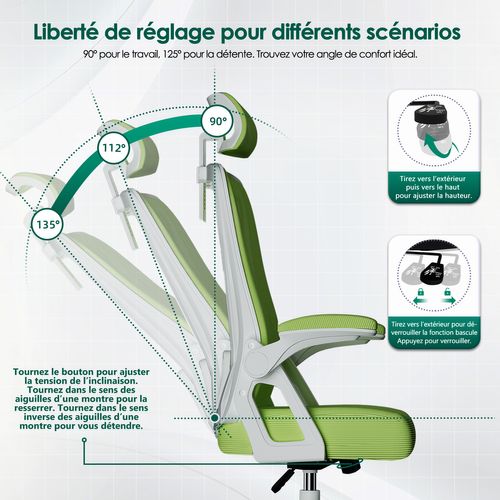 Chaise Bureau Vert, Accoudoirs Rabattables, Support Lombaire Mousse, Hauteur Réglable, 150 kg