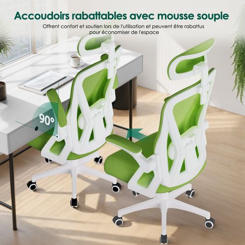 Chaise Bureau Vert, Accoudoirs Rabattables, Support Lombaire Mousse, Hauteur Réglable, 150 kg
