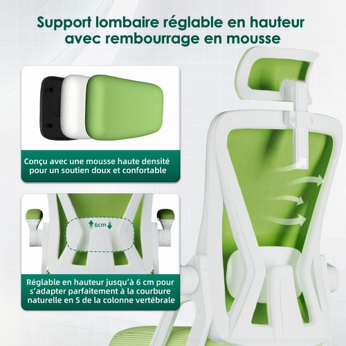 Chaise Bureau Vert, Accoudoirs Rabattables, Support Lombaire Mousse, Hauteur Réglable, 150 kg