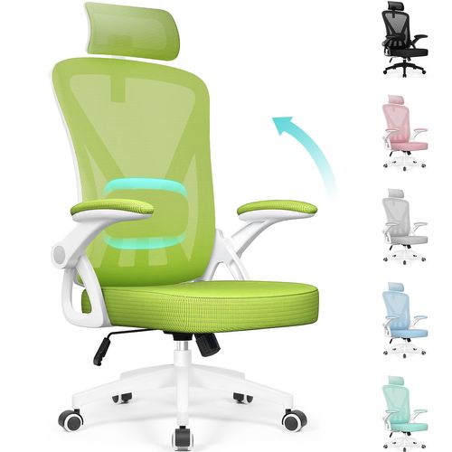 Chaise Bureau Vert, Accoudoirs Rabattables, Support Lombaire Mousse, Hauteur Réglable, 150 kg