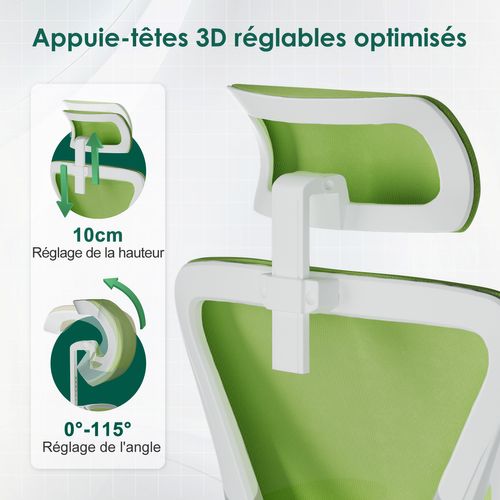Chaise Bureau Vert, Accoudoirs Rabattables, Support Lombaire Mousse, Hauteur Réglable, 150 kg