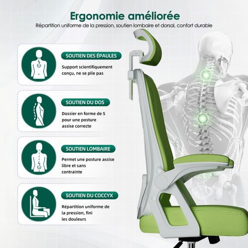 Chaise Bureau Vert, Accoudoirs Rabattables, Support Lombaire Mousse, Hauteur Réglable, 150 kg