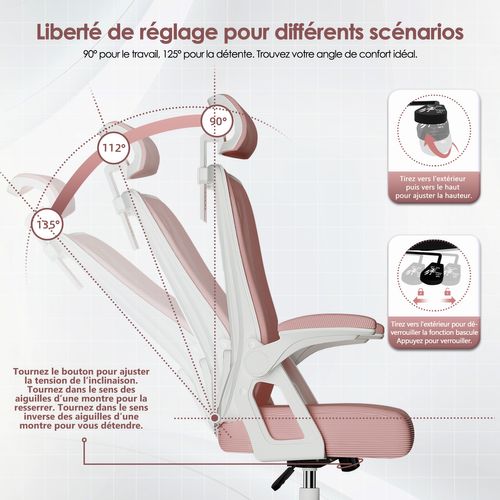 Chaise Bureau Rose, Accoudoirs Rabattables, Support Lombaire Mousse, Hauteur Réglable, 150 kg
