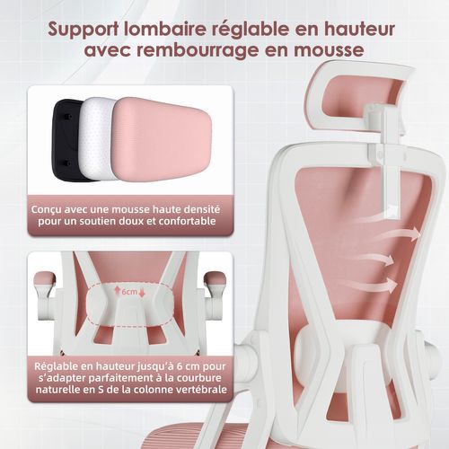 Chaise Bureau Rose, Accoudoirs Rabattables, Support Lombaire Mousse, Hauteur Réglable, 150 kg