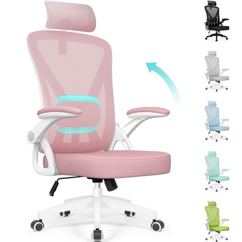 Chaise Bureau Rose, Accoudoirs Rabattables, Support Lombaire Mousse, Hauteur Réglable, 150 kg