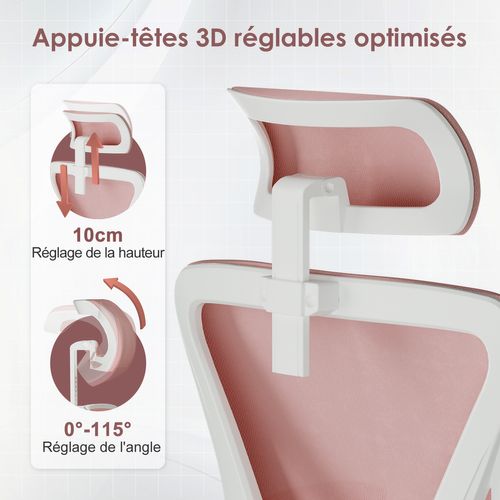 Chaise Bureau Rose, Accoudoirs Rabattables, Support Lombaire Mousse, Hauteur Réglable, 150 kg