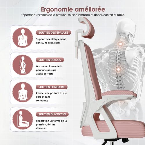 Chaise Bureau Rose, Accoudoirs Rabattables, Support Lombaire Mousse, Hauteur Réglable, 150 kg