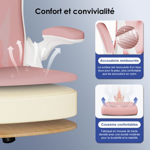 Chaise De Bureau, Siège Pivotant à 360°, Hauteur Réglable, Respirant, Gris Clair