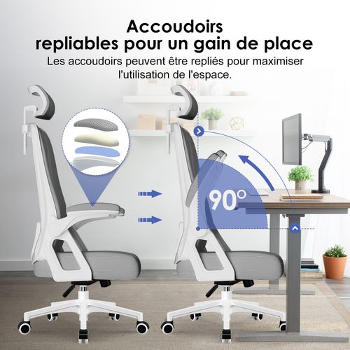 Chaise De Bureau, Siège Pivotant à 360°, Hauteur Réglable, Respirant, Gris Foncé