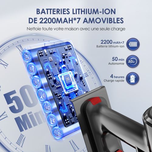 Aspirateur Balai Sans Fil 42 Kpa, 50 Min D'autonomie, 2 Vitesses, 1.3l Capacité, Anti-emmêlement