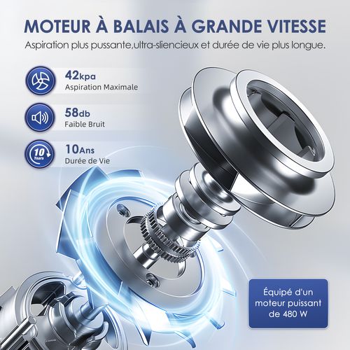 Aspirateur Balai Sans Fil 42 Kpa, 50 Min D'autonomie, 2 Vitesses, 1.3l Capacité, Anti-emmêlement