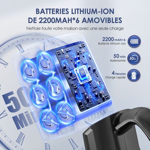 Aspirateur Balai Sans Fil 45 Kpa, 50 Min D'autonomie, 2 Vitesses, 1.3l Capacité, Anti-emmêlement