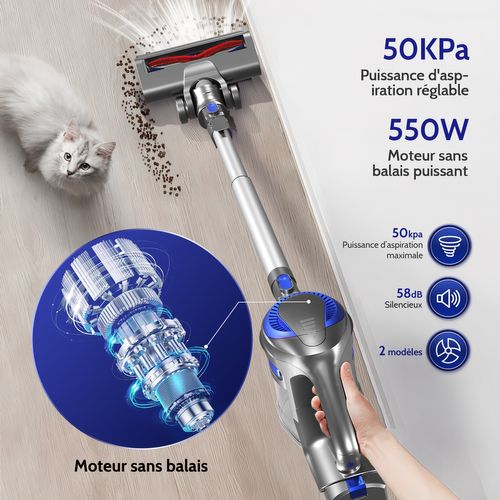 Aspirateur Balai Sans Fil 50 Kpa, 55 Min D'autonomie, 2 Vitesses, 1.6l Capacité, Anti-emmêlement
