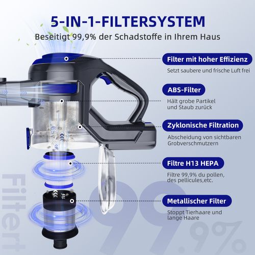 Aspirateur Balai Sans Fil 50 Kpa, 55 Min D'autonomie, 2 Vitesses, 1.6l Capacité, Anti-emmêlement
