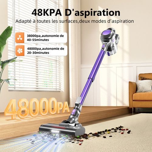 Aspirateur Balai Sans Fil 48 Kpa, 55 Min D'autonomie, 2 Vitesses, 1.6l Capacité, Anti-emmêl