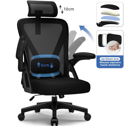 Fauteuil De Bureau, Lombaire Réglable, Appui-tête Et Accoudoirs, Noir